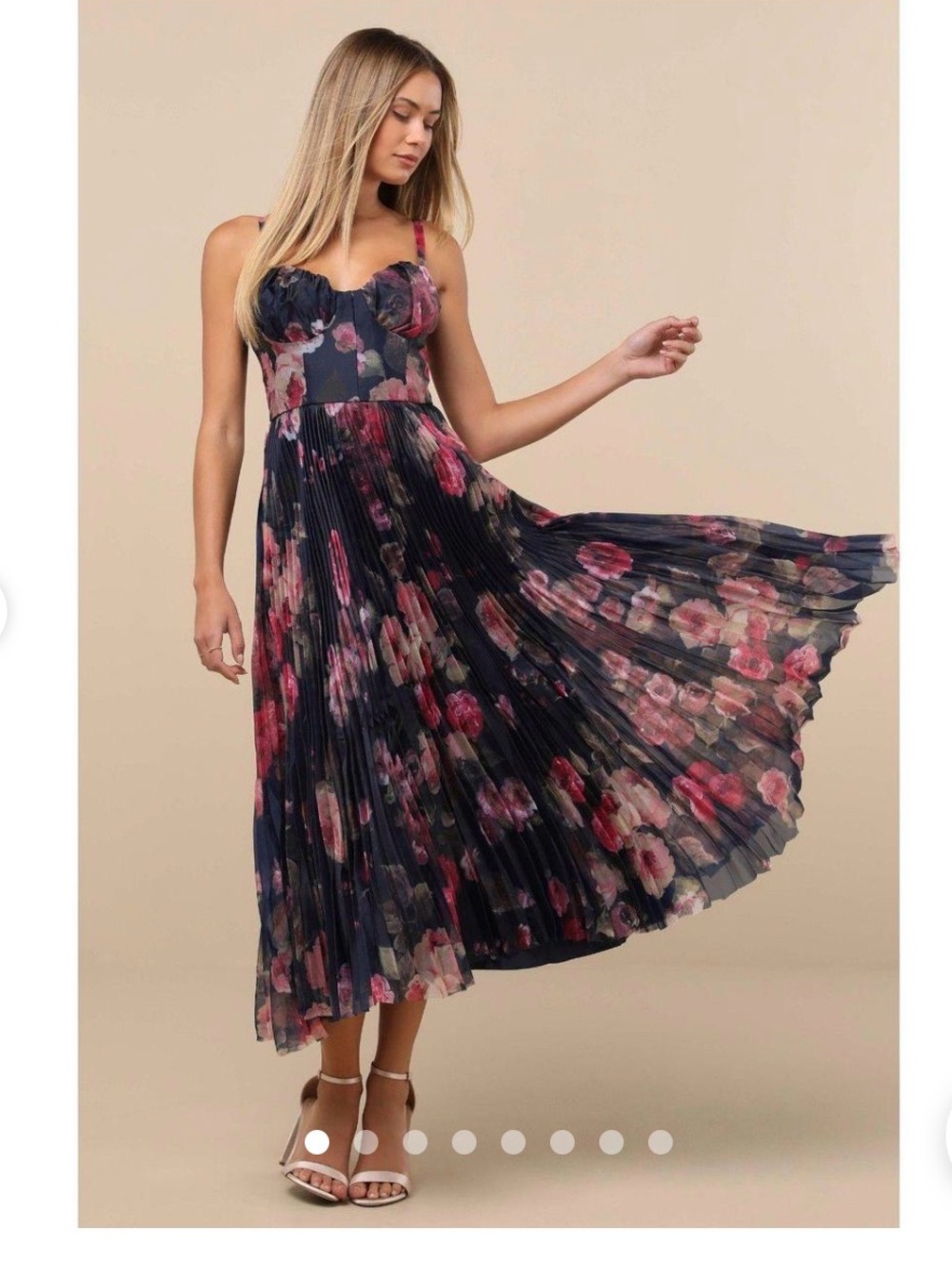 Lulu's Navy Floral Pleated Bustier Maxi Dress